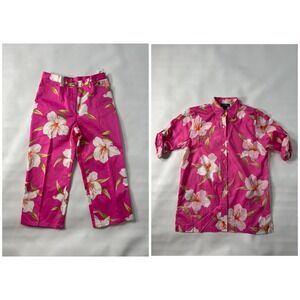 Ralph Lauren Sz 2 Petite Floral Hibiscus Pink Cropped Pants Button Up Shirt Set